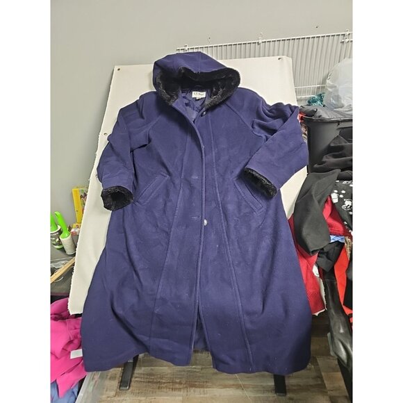 Vintage LL Bean Womans Coat Purple XL  Wool Alpaca Hooded Maxi Coat Fur Trim - Picture 1 of 7